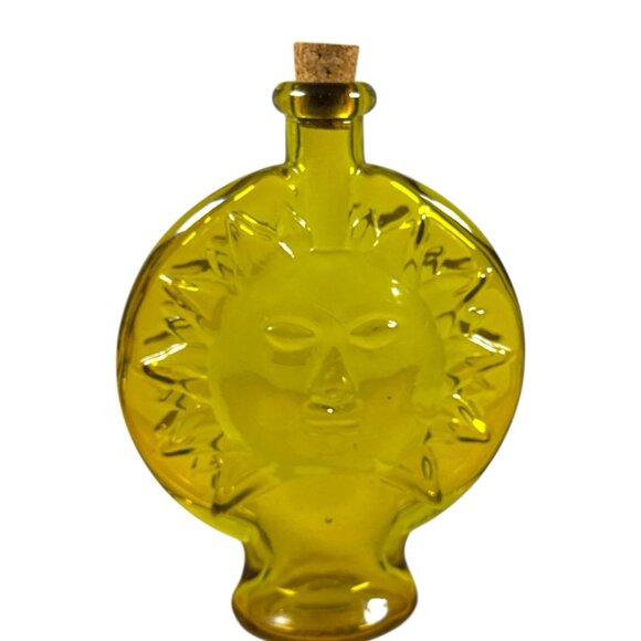 Vintage Yellow Glass Sun Face Bottle Vase with Cork Stopper Retro Mid Century - Picture 4 of 8